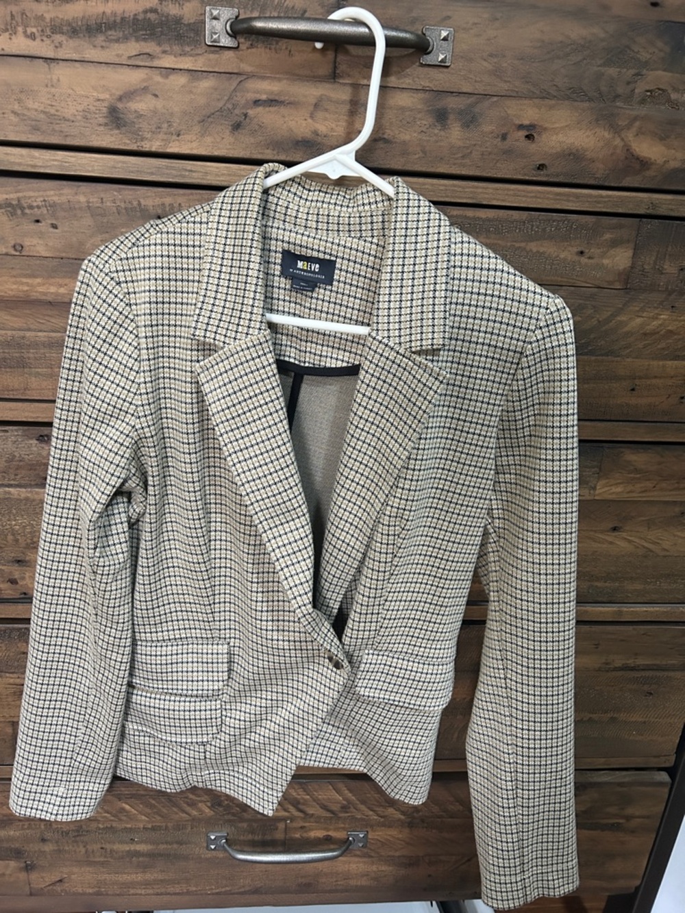 Maeve by Anthropologie Collegiate Academia Black & Cream Plaid Menswear Blazer